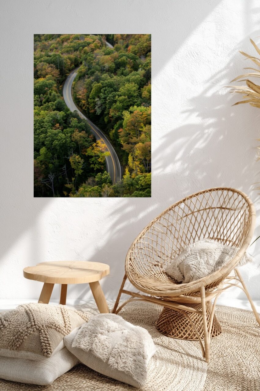 Fotografie Poster Straße Wald Kurve grün gelb herbstlich