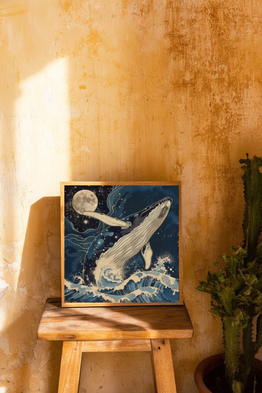 Illustration Poster Wal Sprung Mond Nacht blau beige