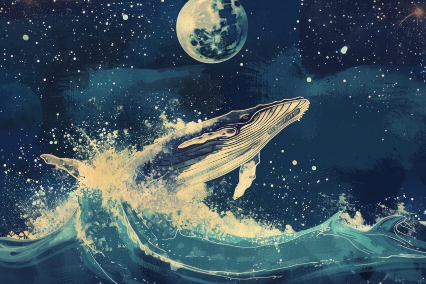 Digitale Kunst Poster Wal spritzende Welle blau Nacht