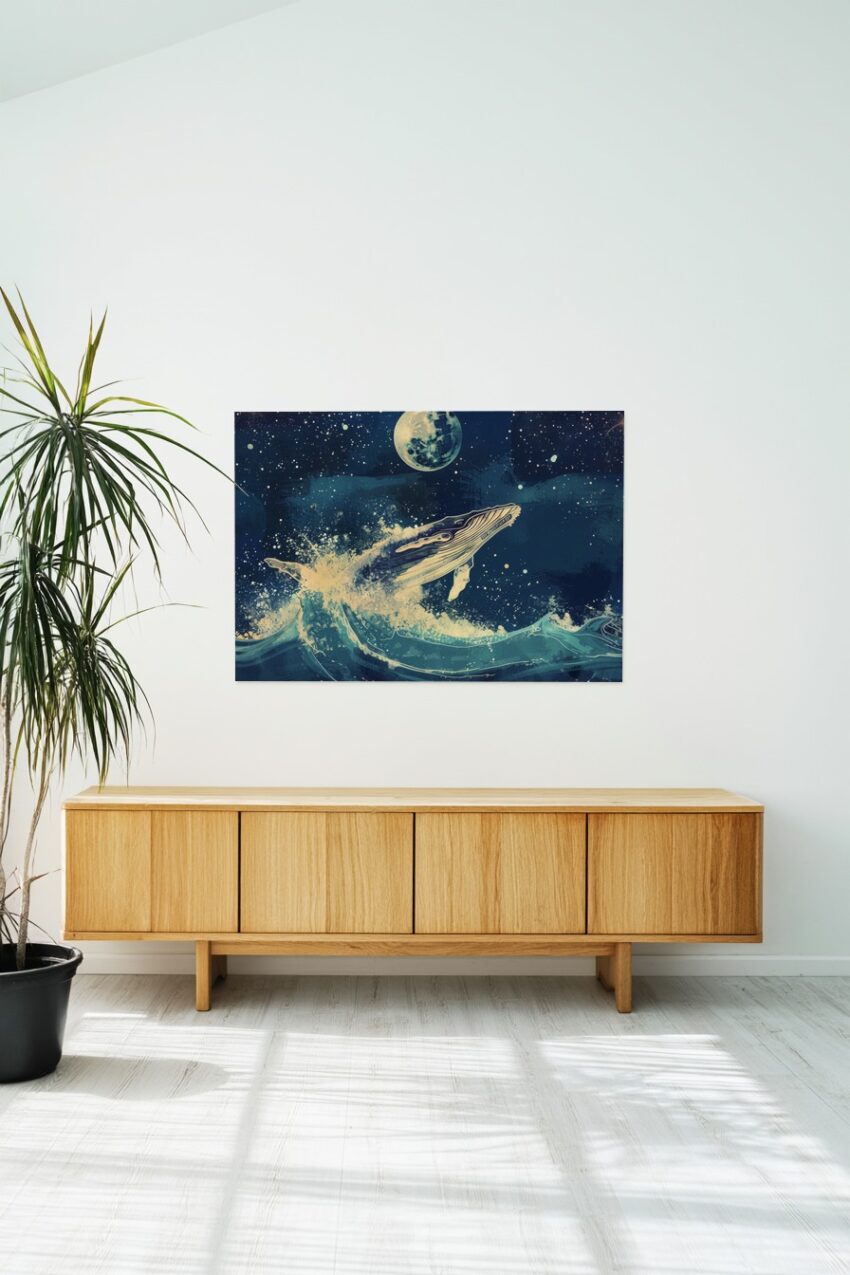 Digitale Kunst Poster Wal spritzende Welle blau Nacht