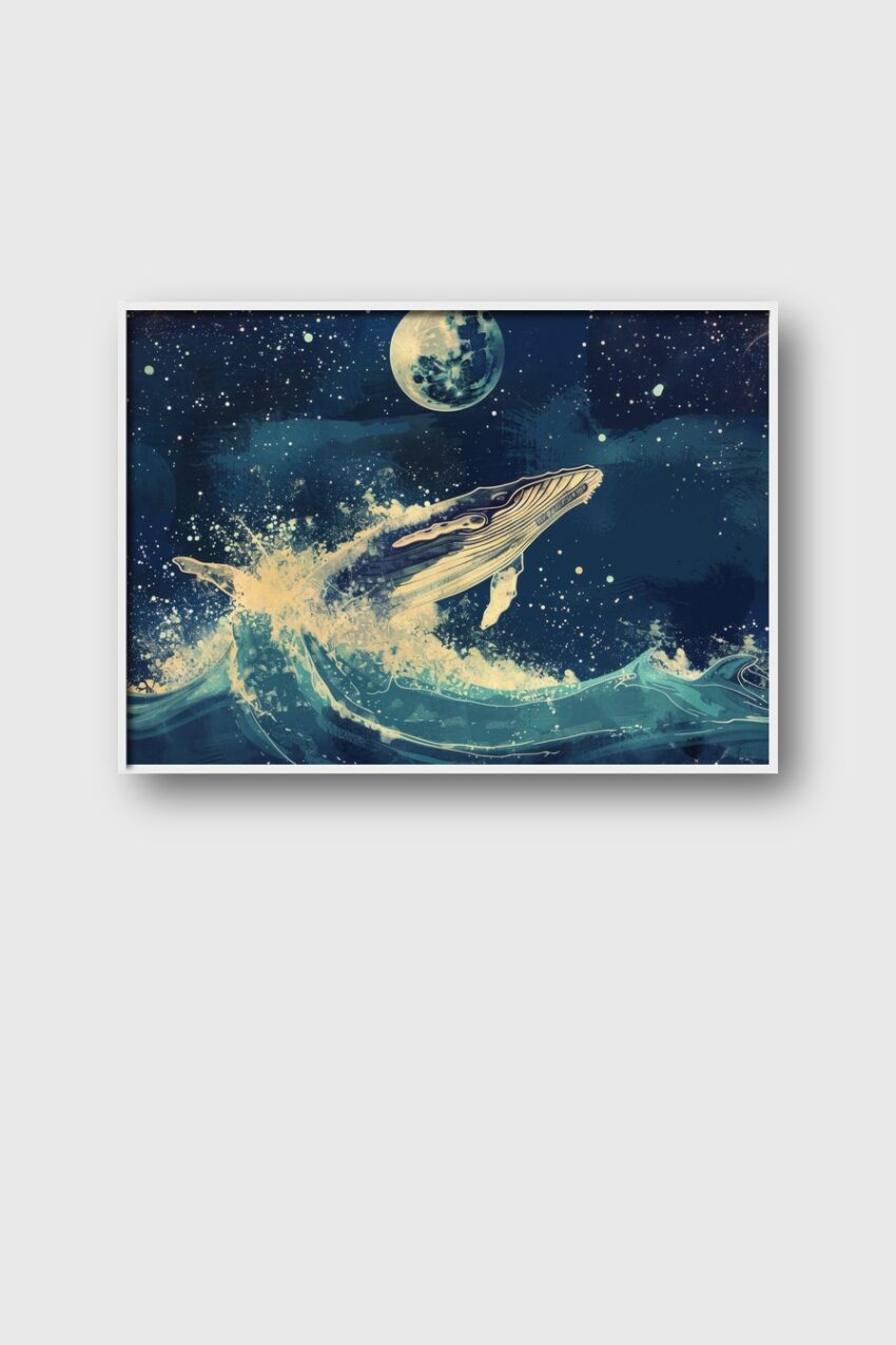 Digitale Kunst Poster Wal spritzende Welle blau Nacht