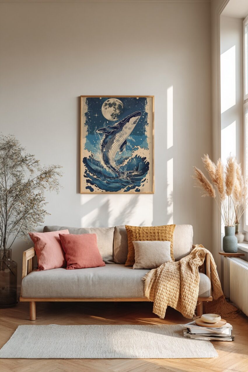 Illustration Poster Wal Mond Nachthimmel Blau Weiß