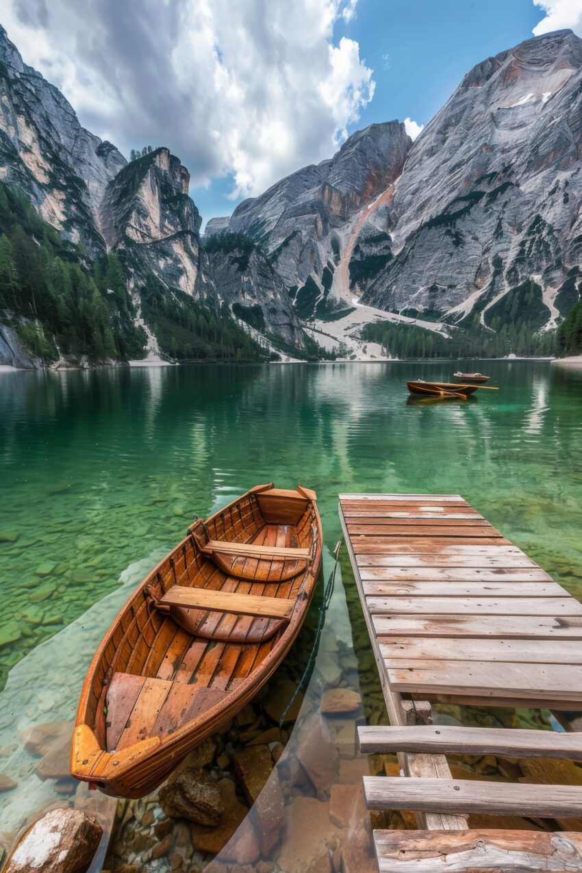 Fotografie Poster Boot See Berg klar Wasser Holz