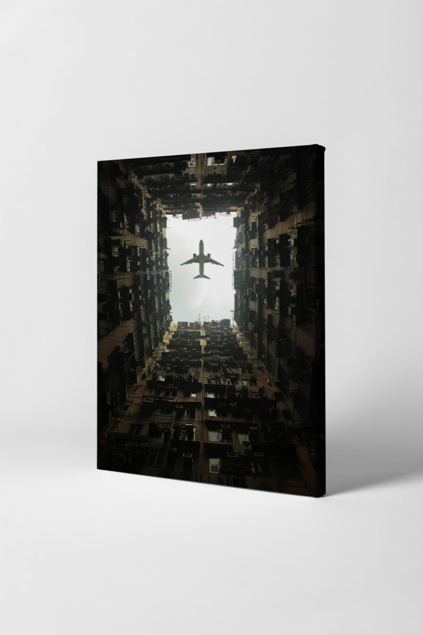 Fotografie Poster Flugzeug urbane Hochhäuser von unten