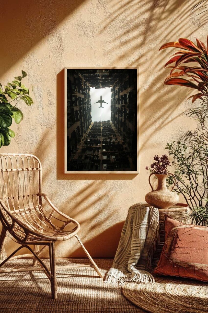 Fotografie Poster Flugzeug urbane Hochhäuser von unten