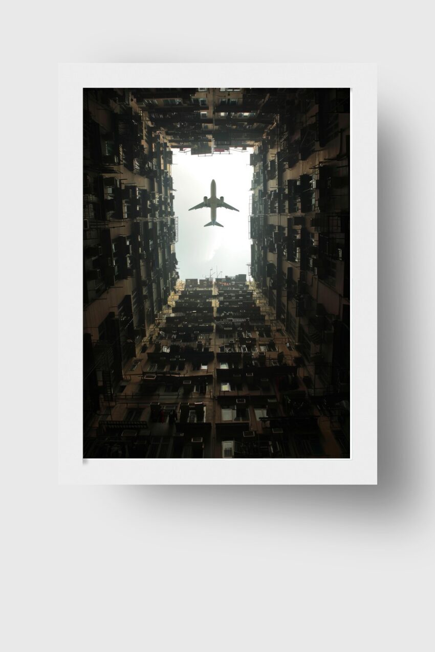 Fotografie Poster Flugzeug urbane Hochhäuser von unten
