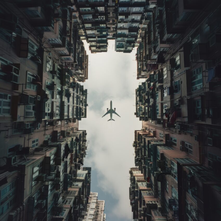 Fotografie Poster Flugzeug urban Himmelspalt grau