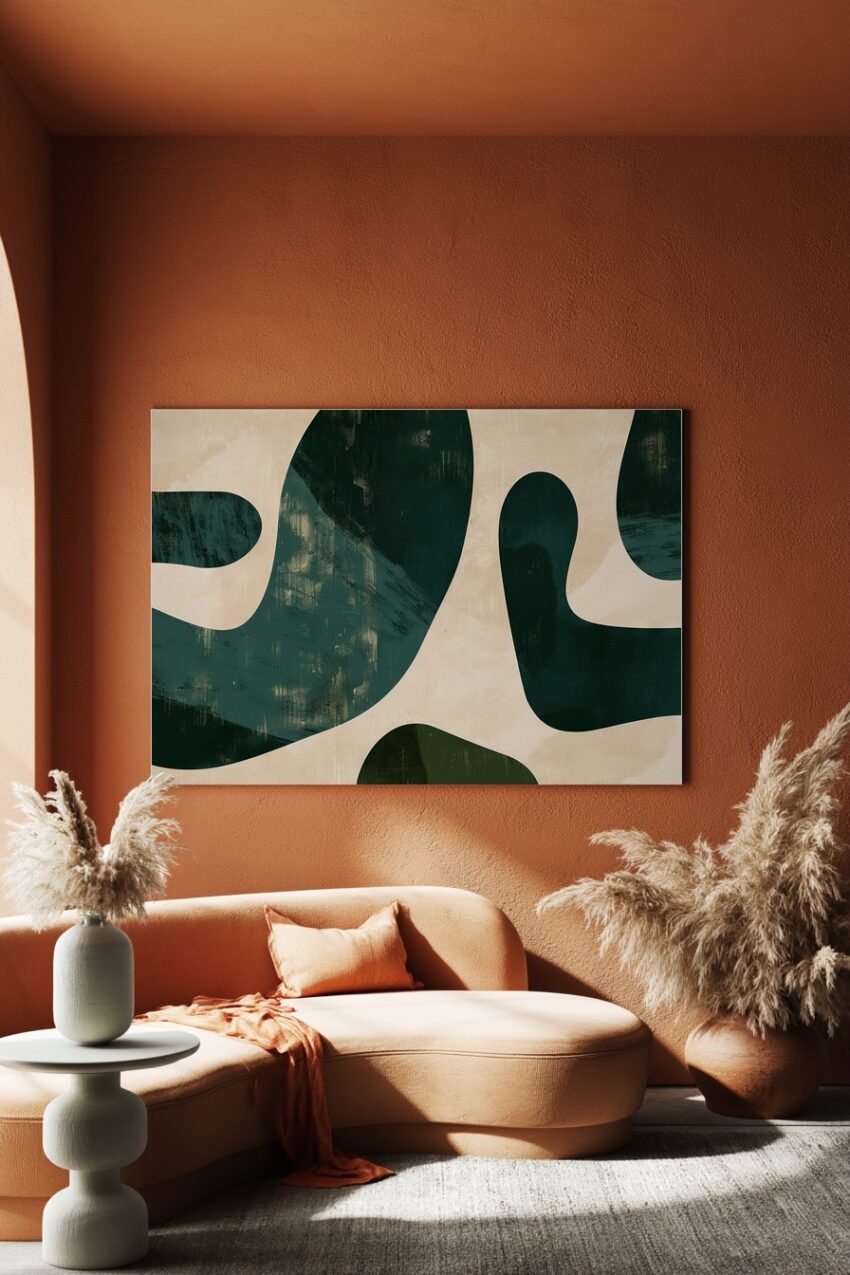 Grafik Poster abstrakte Formen dunkelgrün beige reduziert