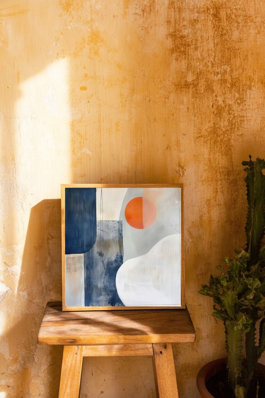 Abstrakt Poster Kreis orange geometrisch minimalist blau weiß