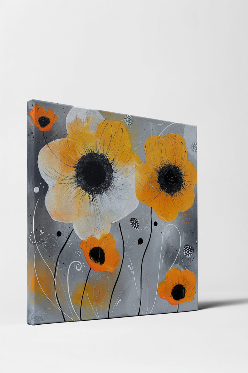 Illustration Poster Mohnblumen orange schwarz grau