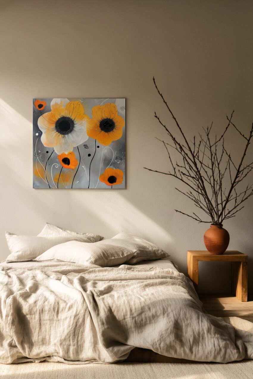 Illustration Poster Mohnblumen orange schwarz grau