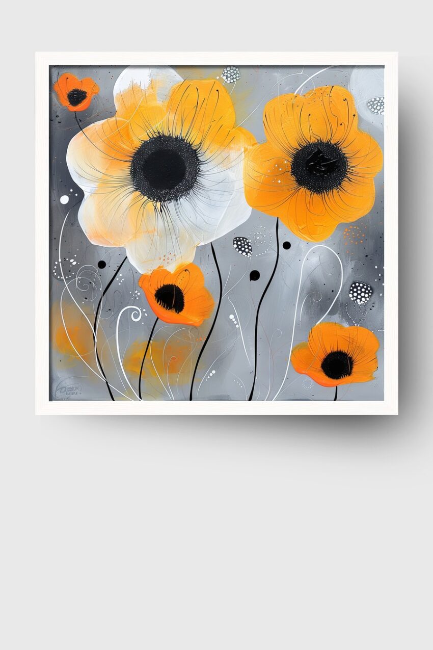 Illustration Poster Mohnblumen orange schwarz grau