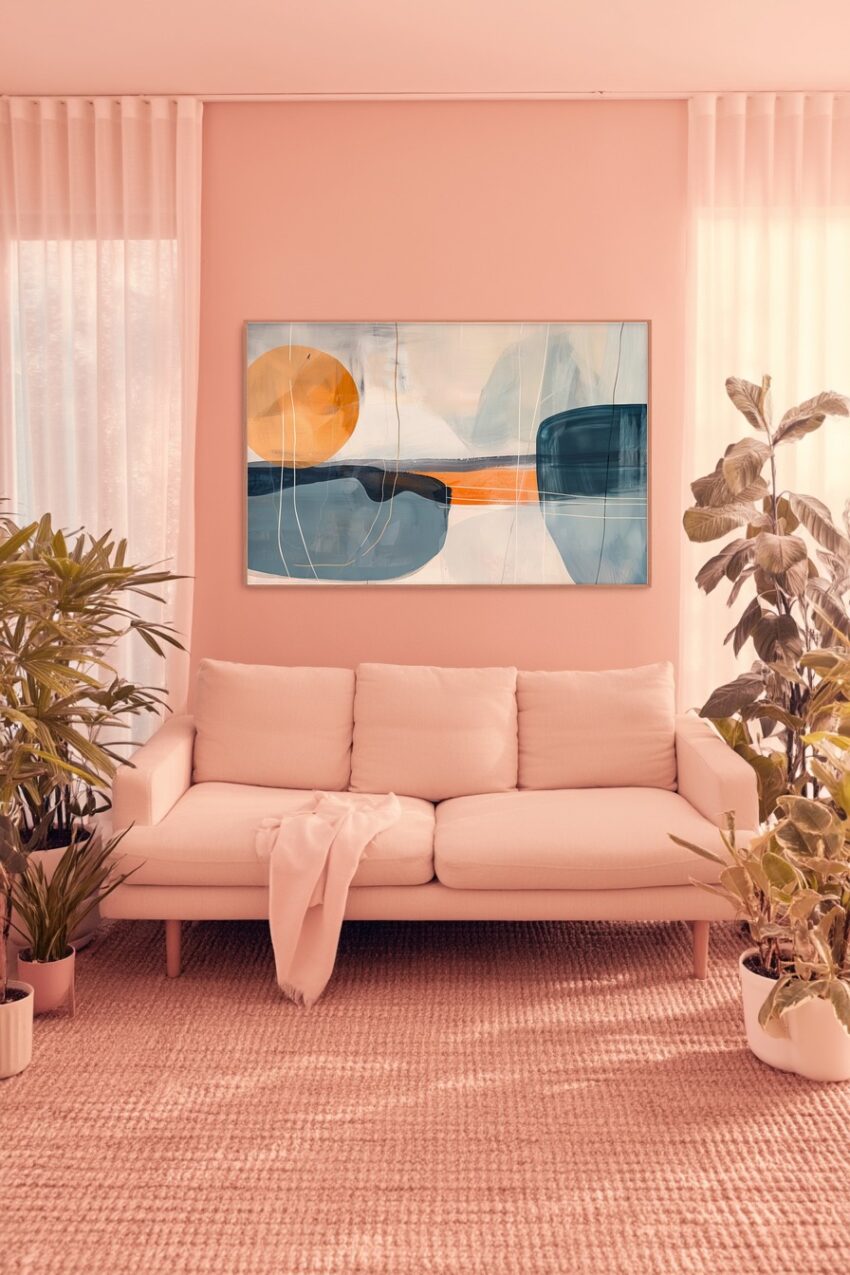 Abstrakt Poster Landschaft orange blau fein Linien