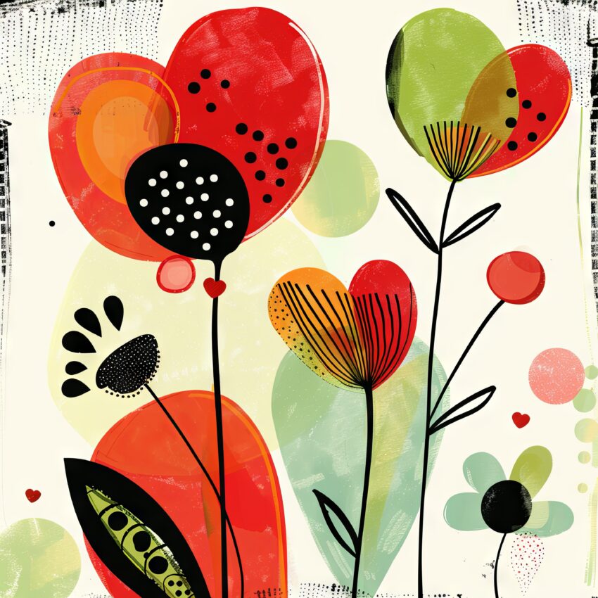 Digitale Kunst Poster Blumen Herzpunkte Rot Orange Schwarz