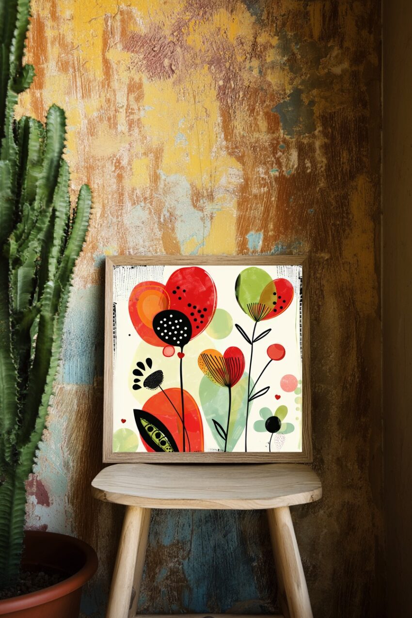 Digitale Kunst Poster Blumen Herzpunkte Rot Orange Schwarz