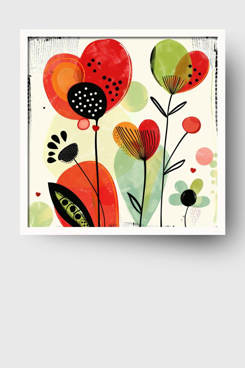 Digitale Kunst Poster Blumen Herzpunkte Rot Orange Schwarz