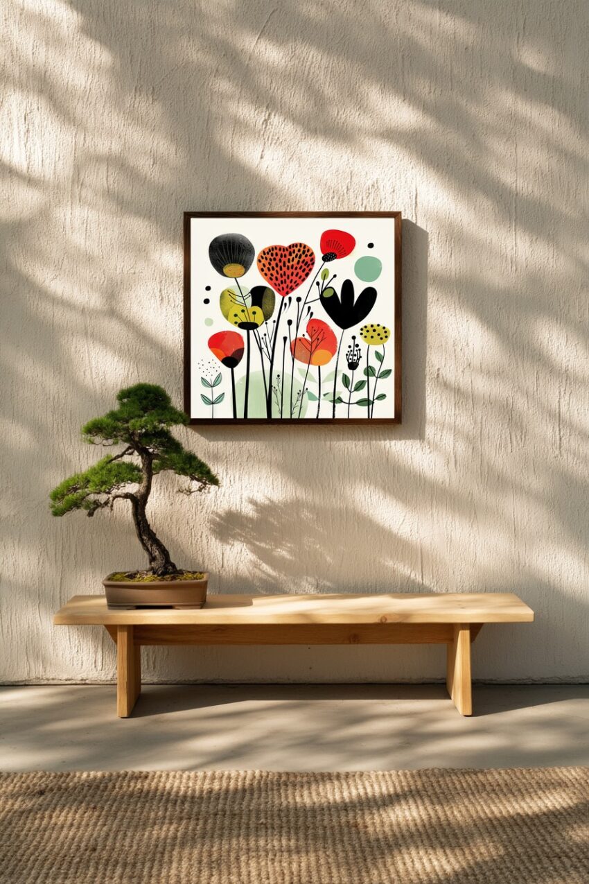 Grafik Poster Blumenform abstrakt bunt schwarz