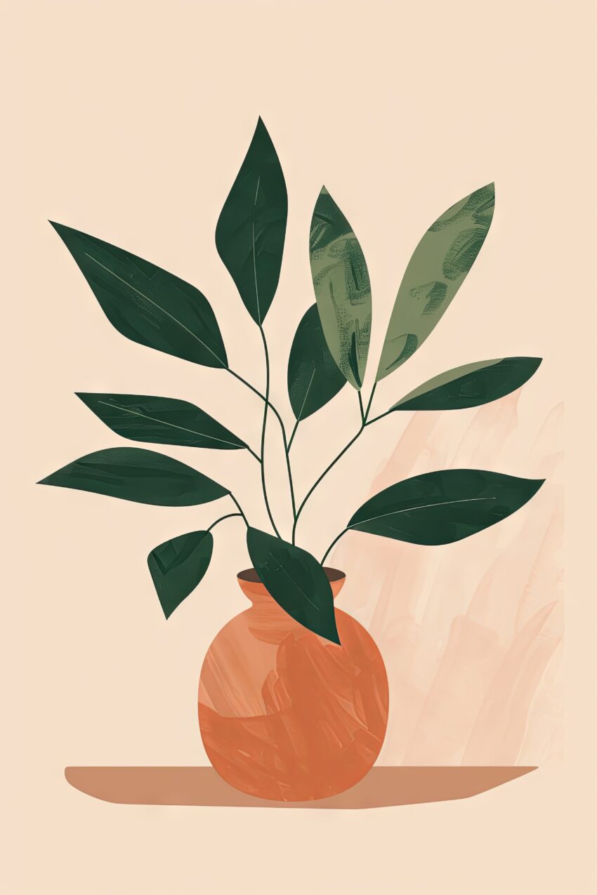 Illustration Poster Topfpflanze grüne Blätter minimalistisch orange