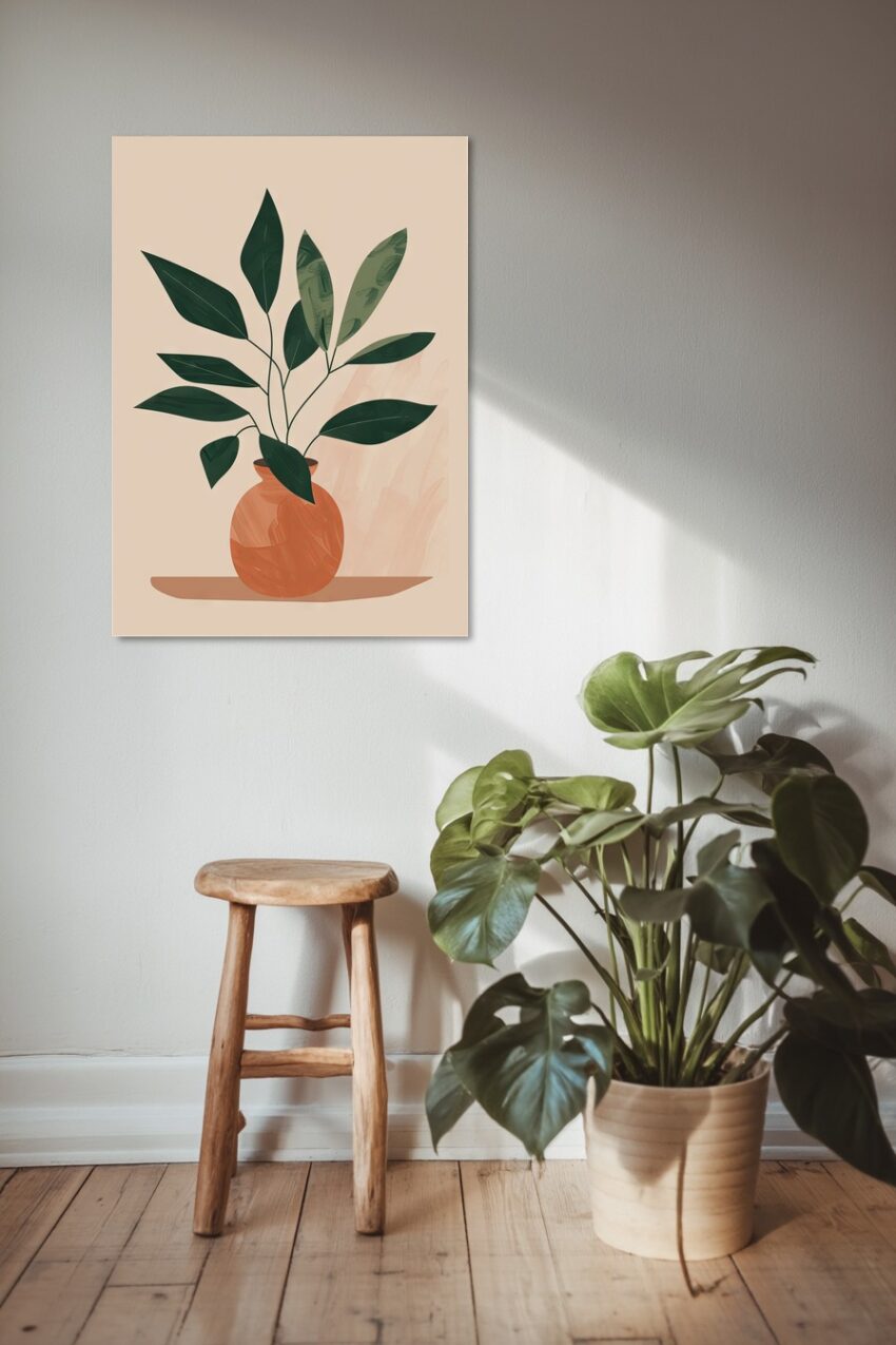 Illustration Poster Topfpflanze grüne Blätter minimalistisch orange