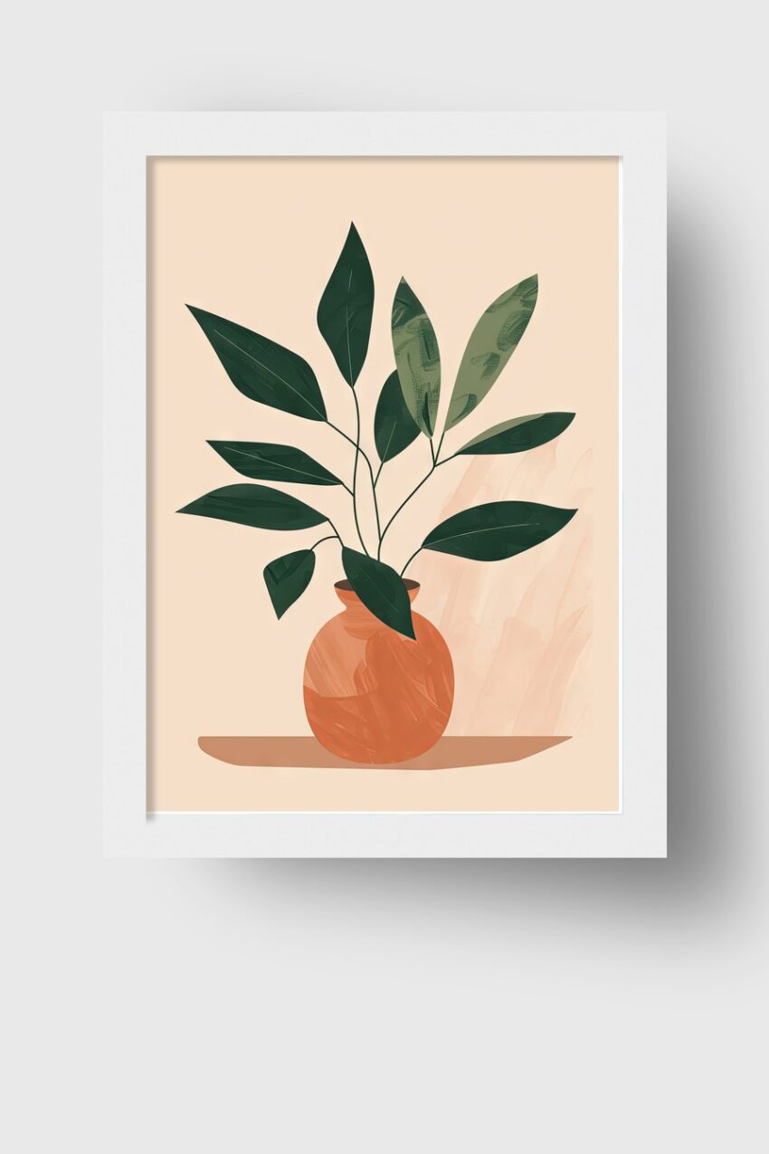 Illustration Poster Topfpflanze grüne Blätter minimalistisch orange