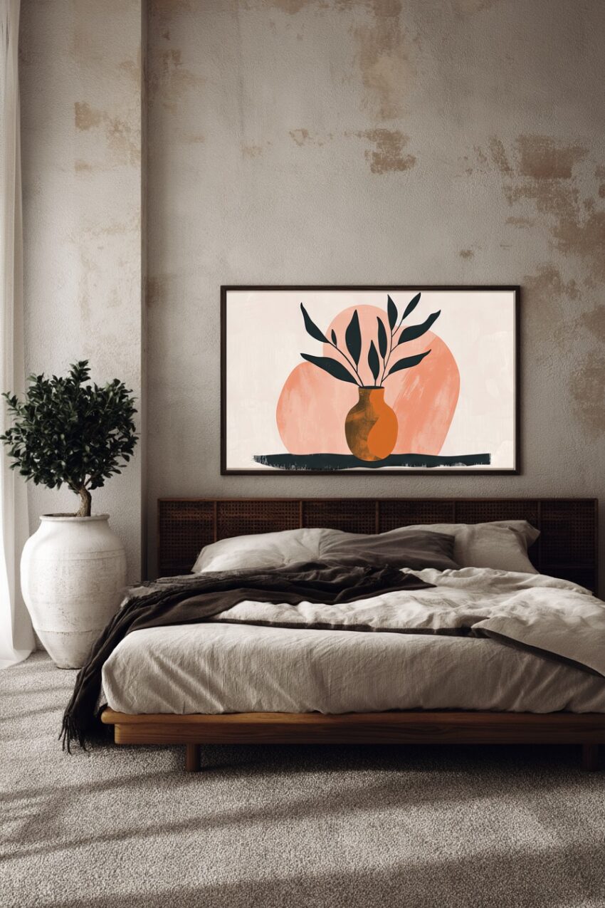 Illustration Poster Vase Blätter orange schwarz minimalistisch