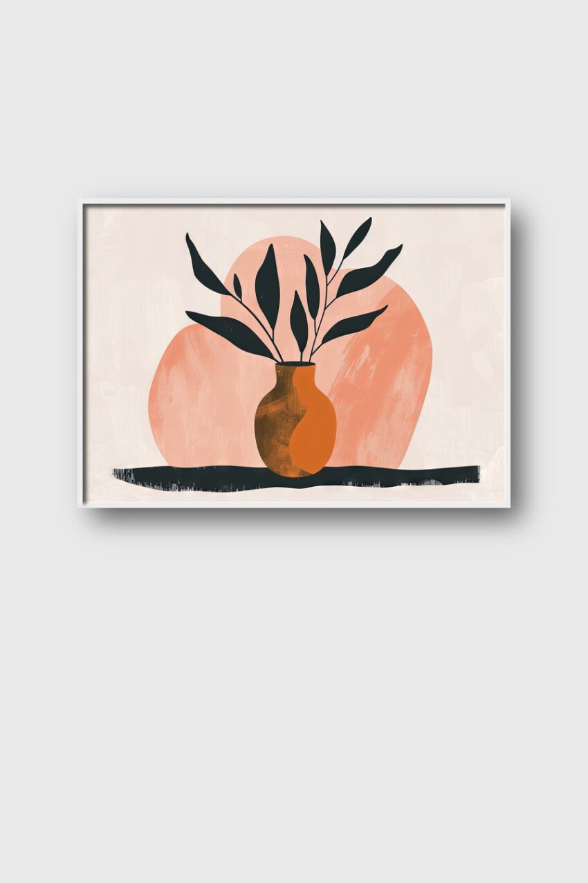 Illustration Poster Vase Blätter orange schwarz minimalistisch