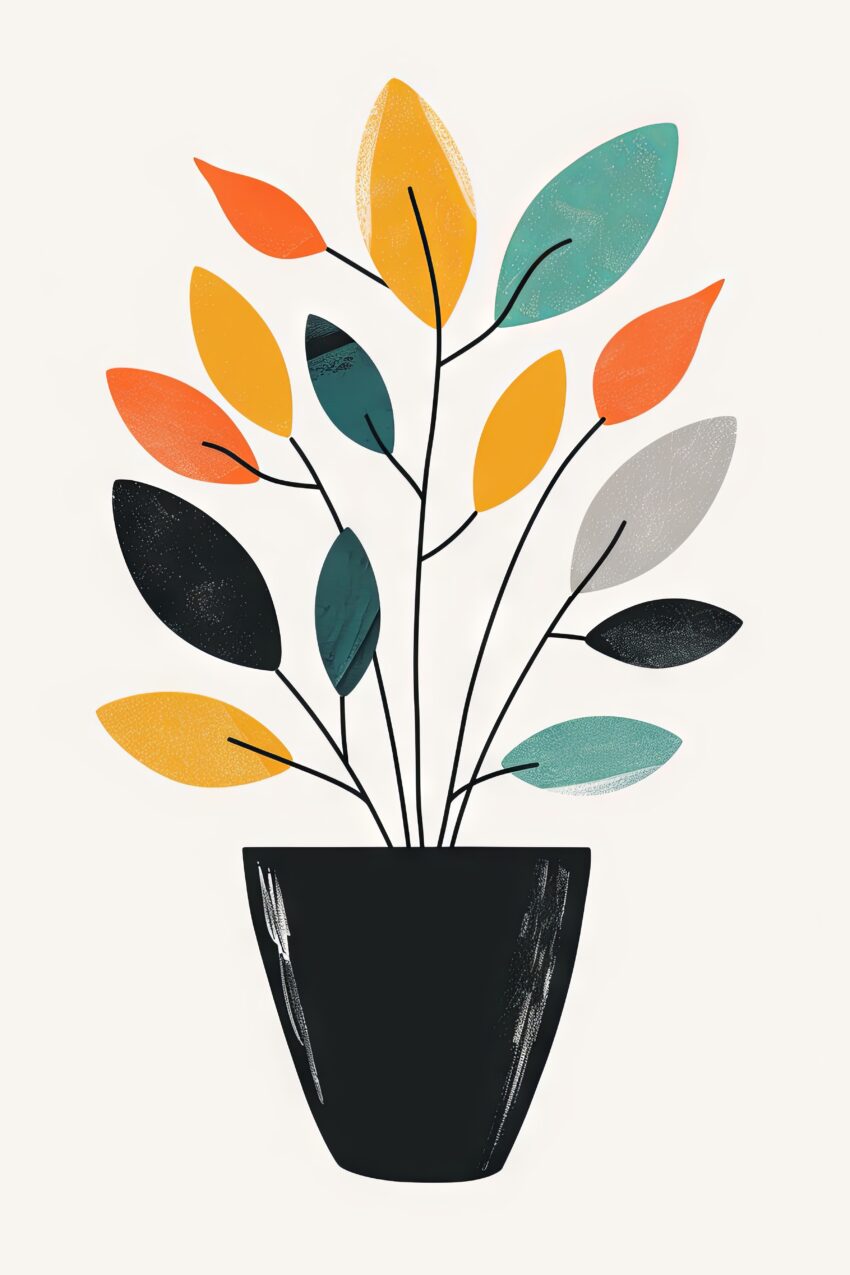 Illustration Poster bunte Blätter Topf minimalistisch bunt