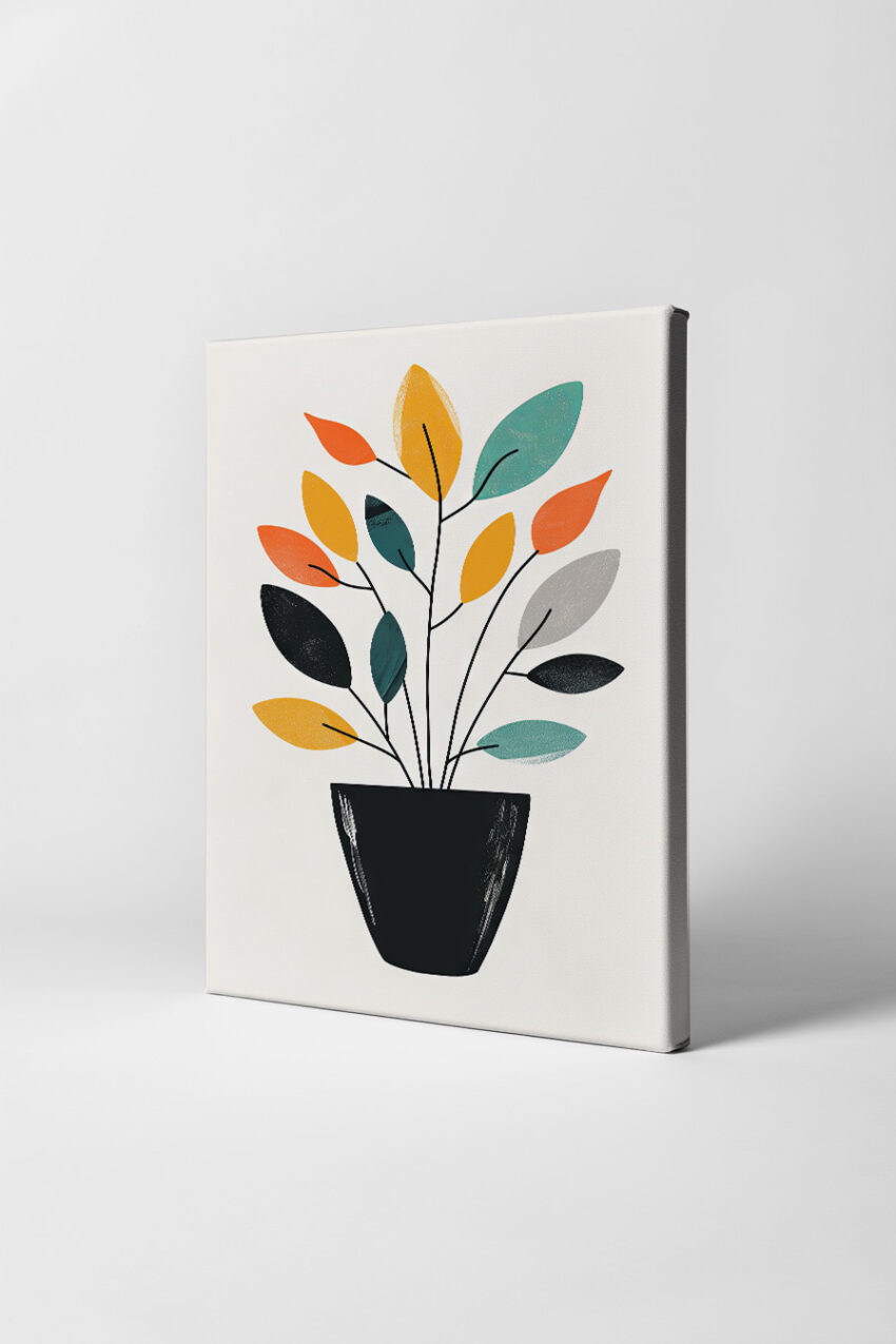 Illustration Poster bunte Blätter Topf minimalistisch bunt