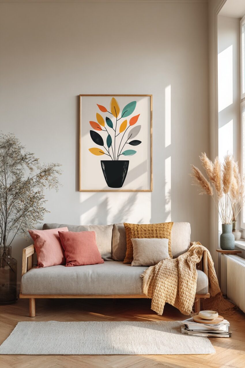 Illustration Poster bunte Blätter Topf minimalistisch bunt