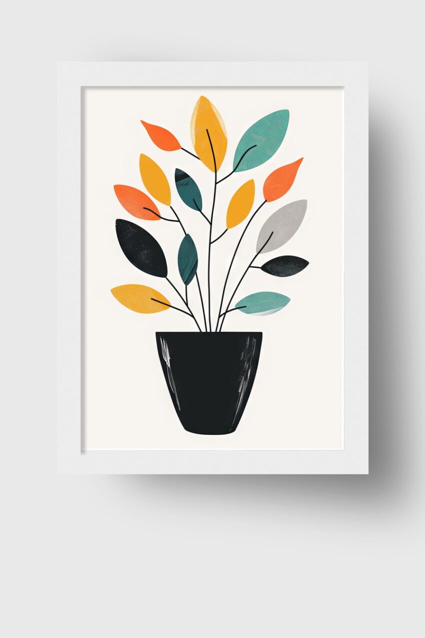 Illustration Poster bunte Blätter Topf minimalistisch bunt