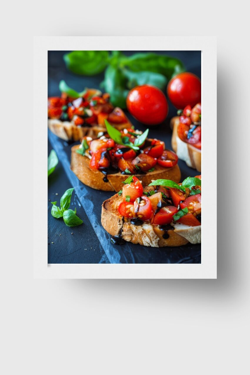 Fotografie Poster Bruschetta Tomaten frisch rot grün