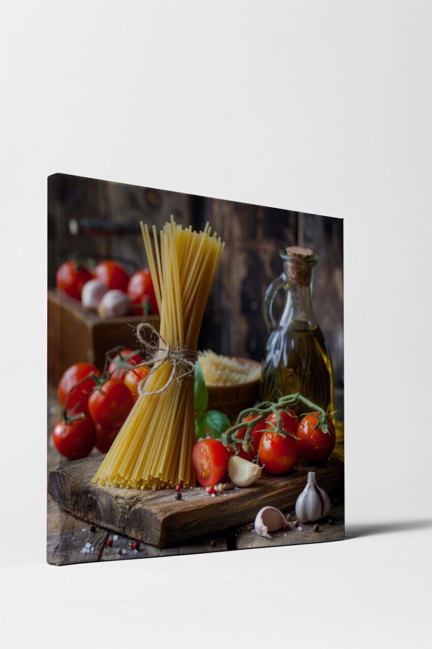 Fotografie Poster Spaghetti Tomaten Knoblauch rustikal