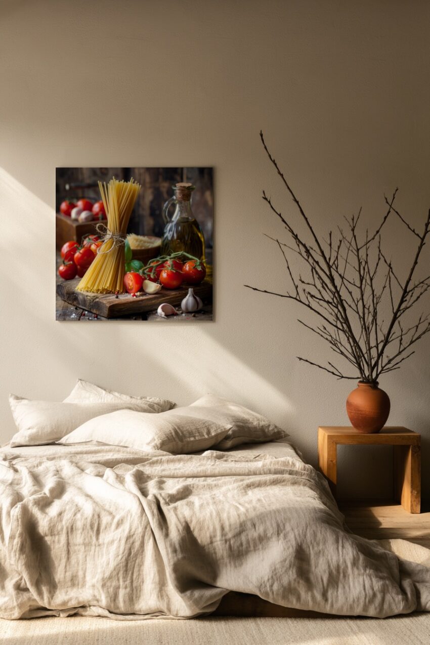 Fotografie Poster Spaghetti Tomaten Knoblauch rustikal