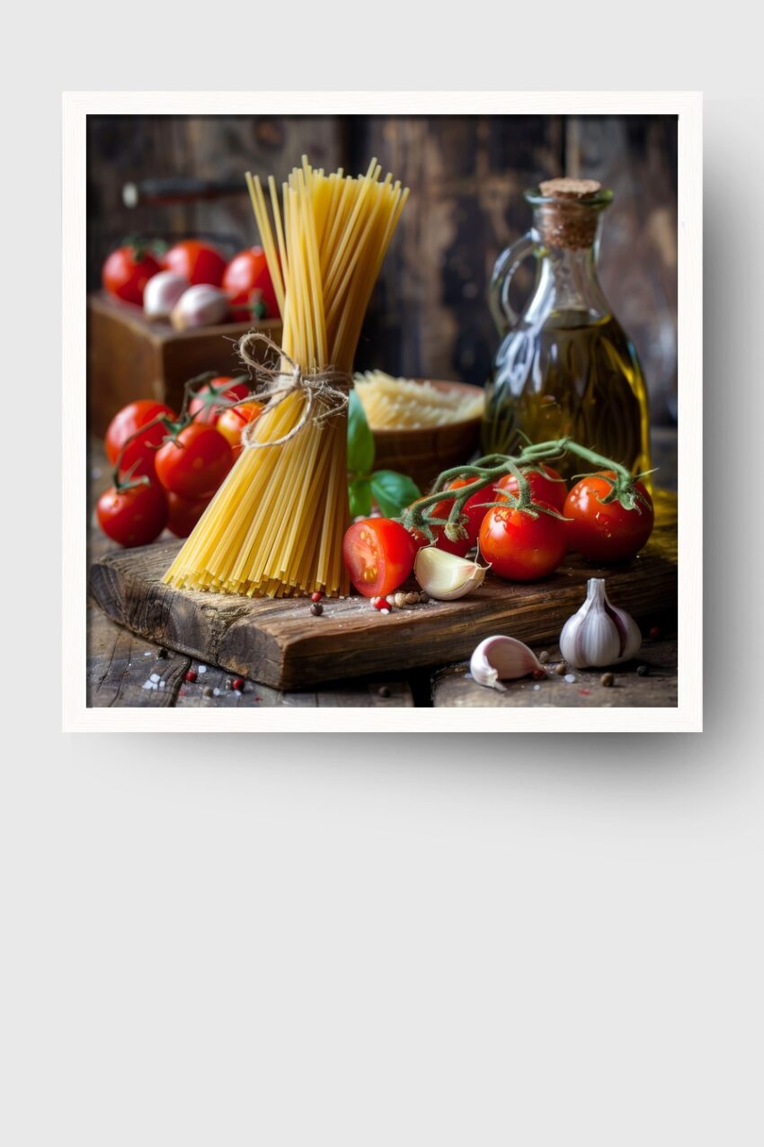 Fotografie Poster Spaghetti Tomaten Knoblauch rustikal