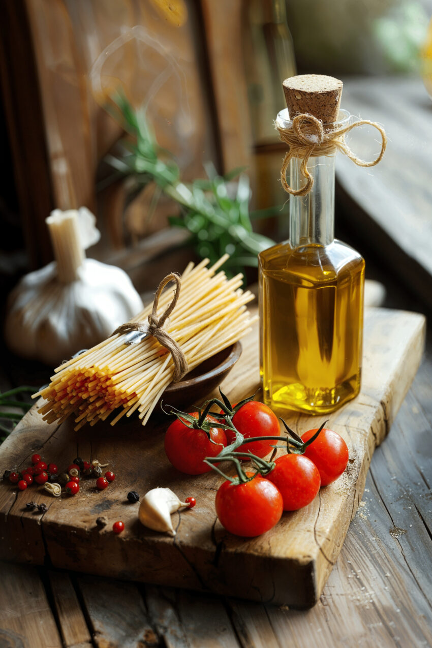 Fotografie Poster Küchenstillleben warm natürlich Olivenöl Tomaten