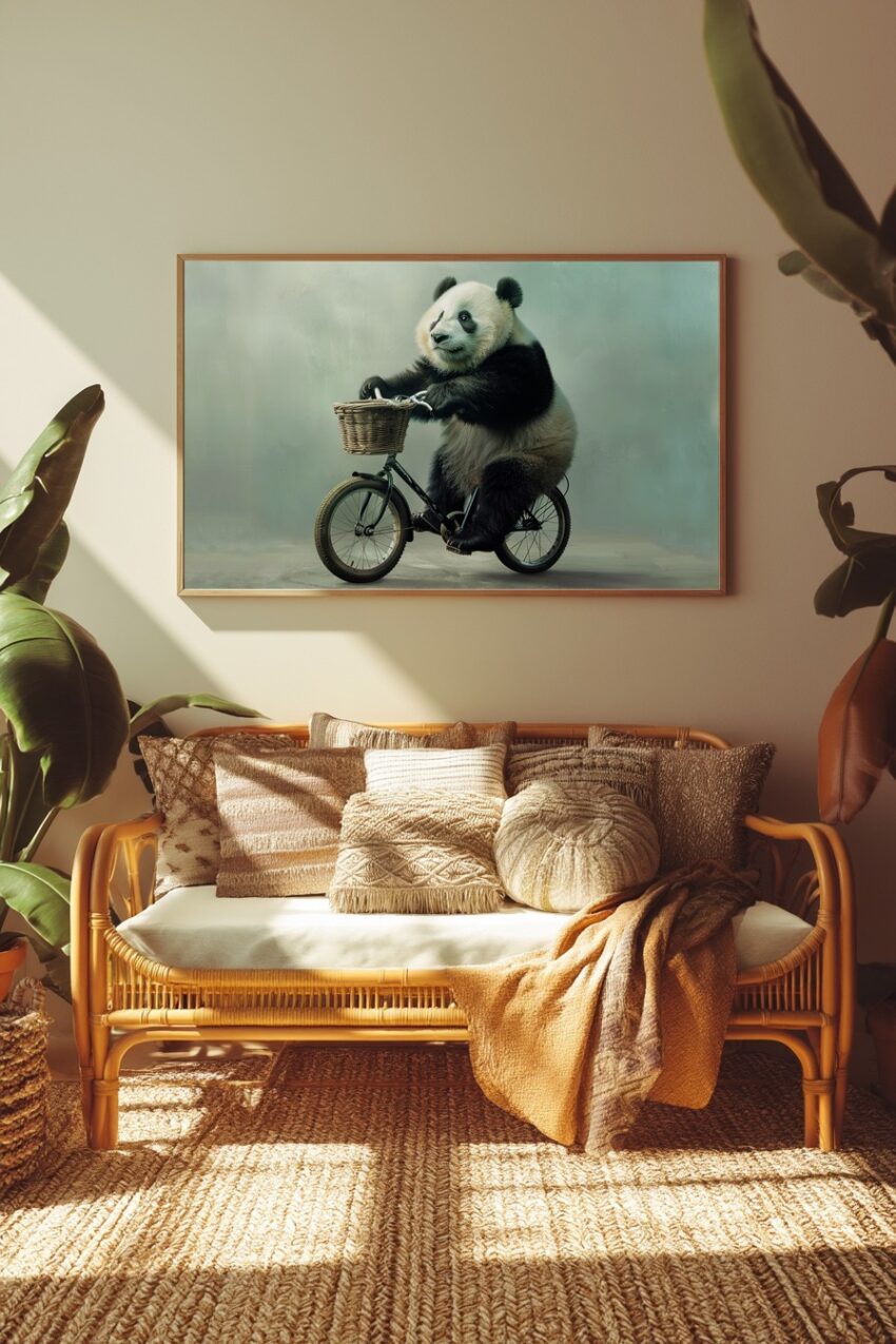 Digitale Kunst Poster Panda Fahrradkorb schwarz-weiß