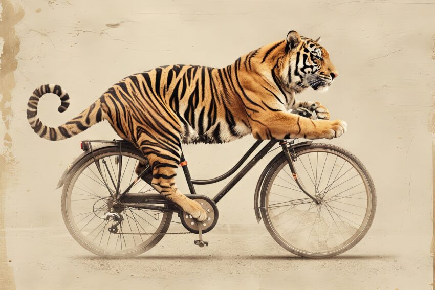 Fotografie Poster Tiger Fahrrad surreal orange schwarz