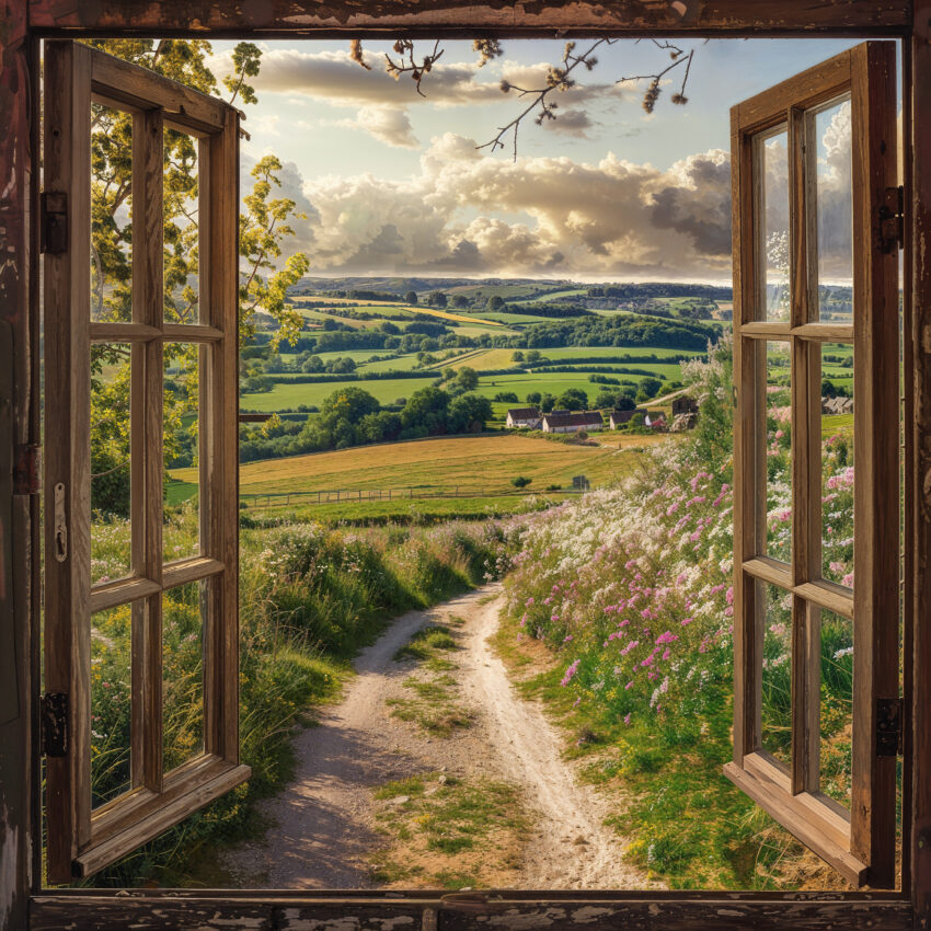 Fotografie Poster Fenster Landschaft blühend grün hell