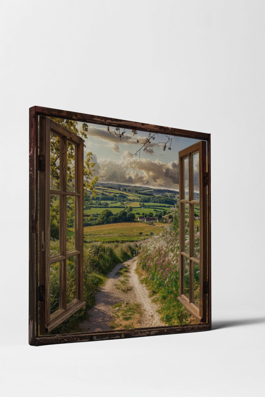 Fotografie Poster Fenster Landschaft blühend grün hell