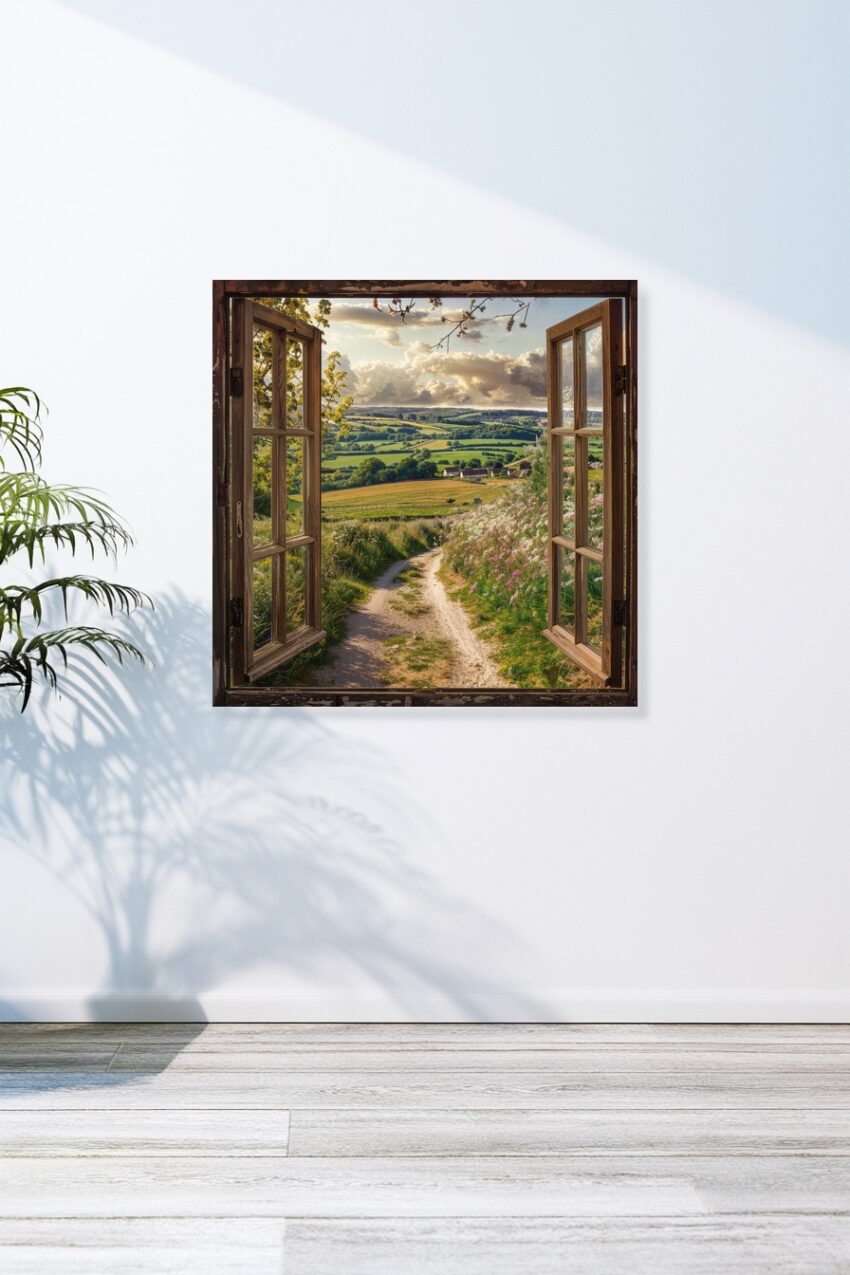 Fotografie Poster Fenster Landschaft blühend grün hell