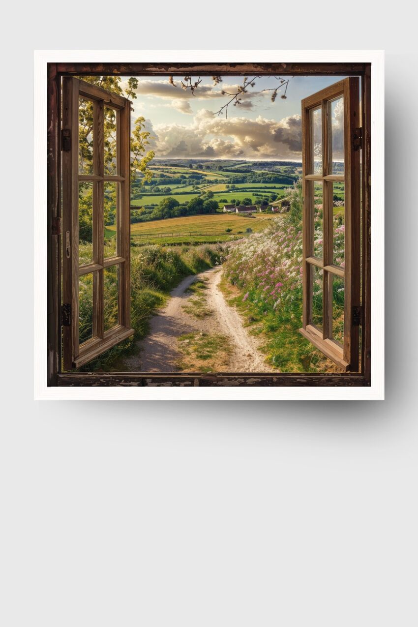 Fotografie Poster Fenster Landschaft blühend grün hell