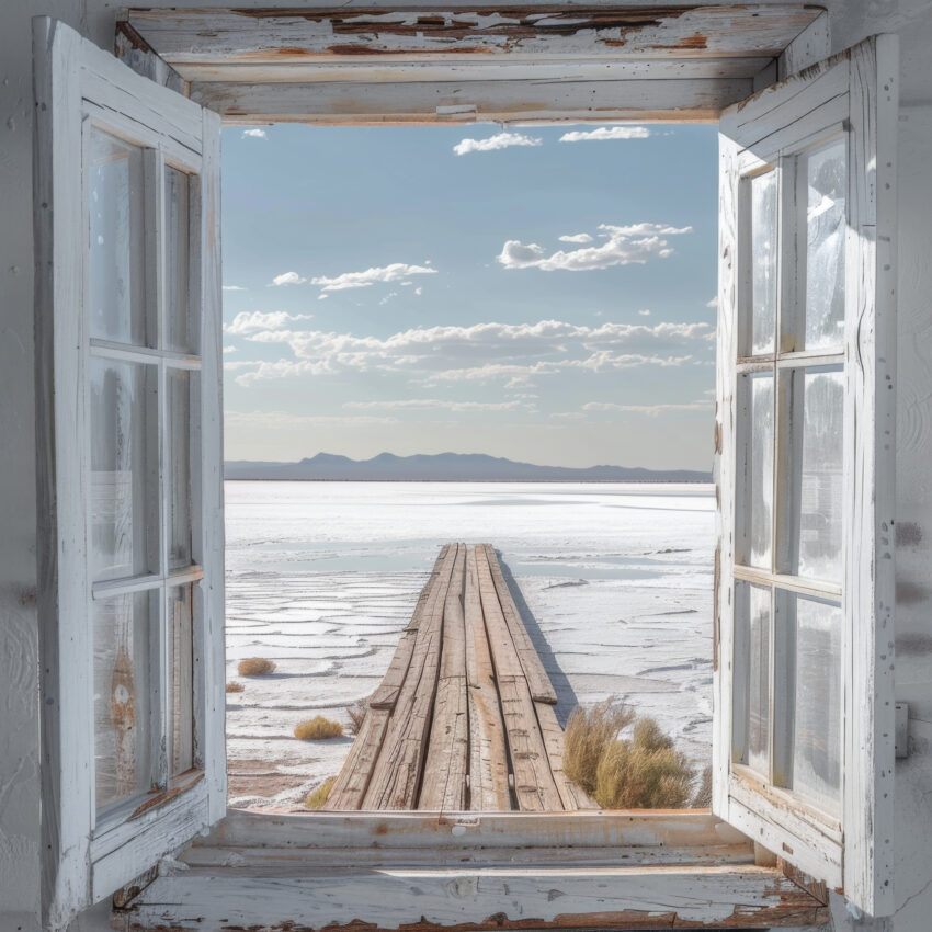 Fotografie Poster Fenster Pier Holz braun weiß