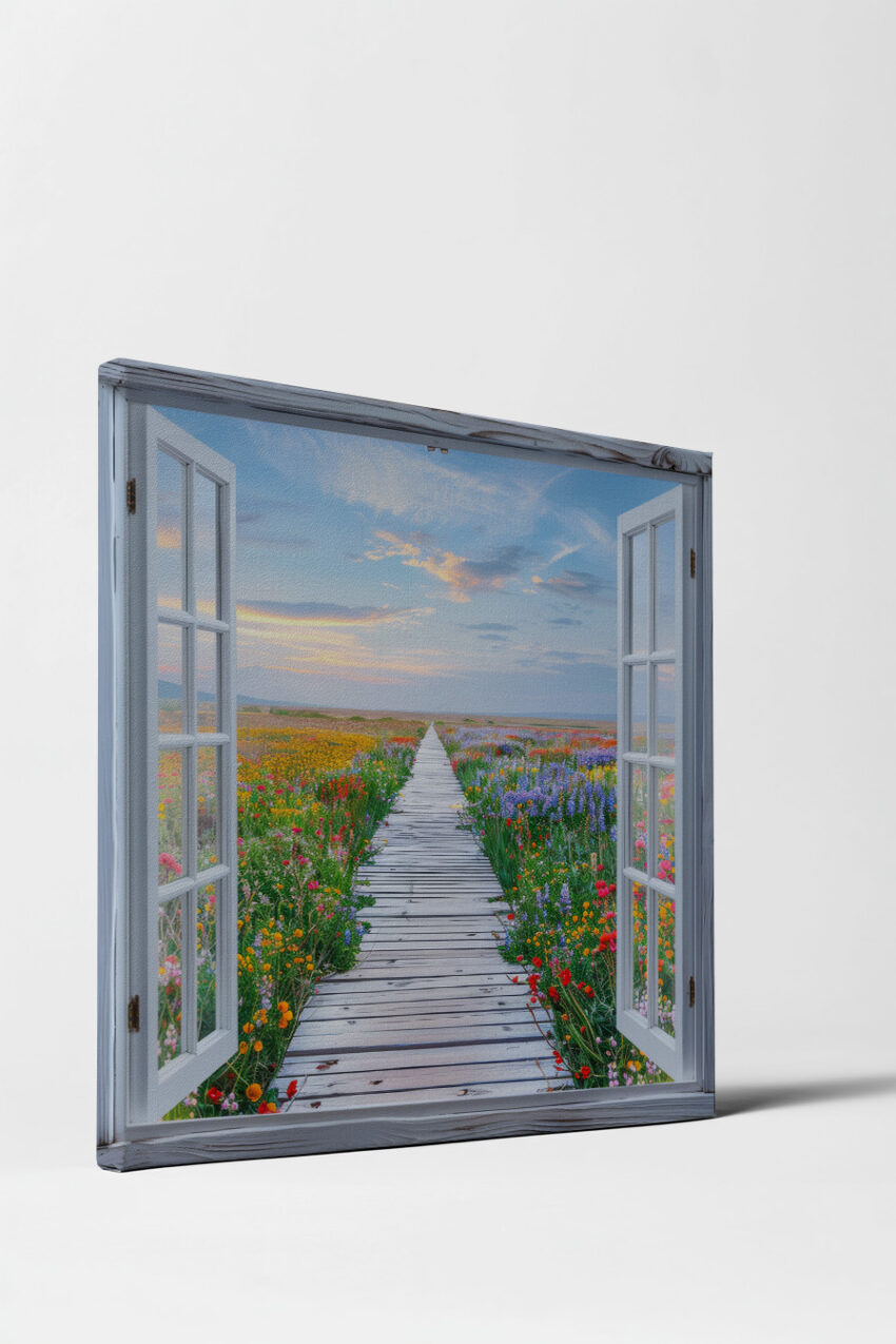 Fotografie Poster Blumenweg bunte Blumen Holzbretter