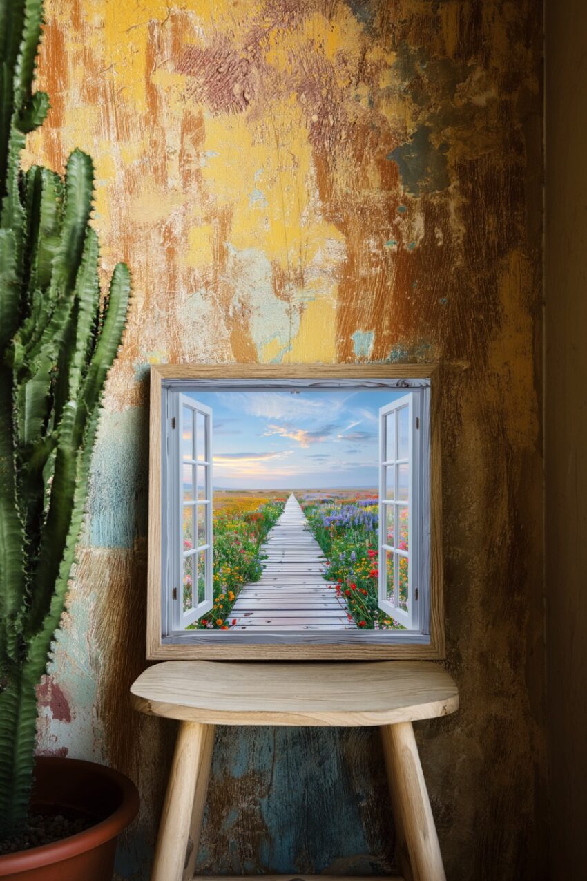 Fotografie Poster Blumenweg bunte Blumen Holzbretter