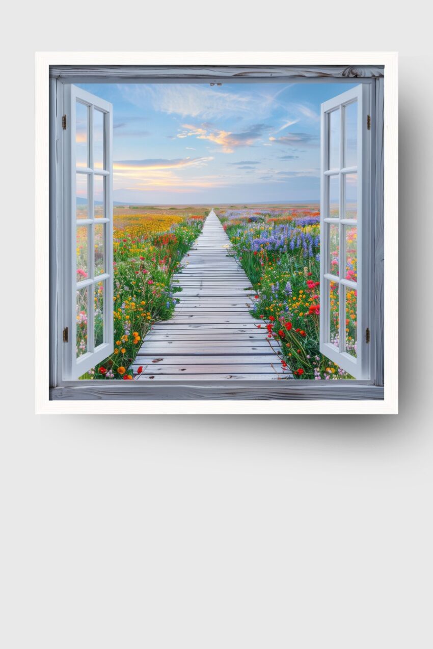 Fotografie Poster Blumenweg bunte Blumen Holzbretter