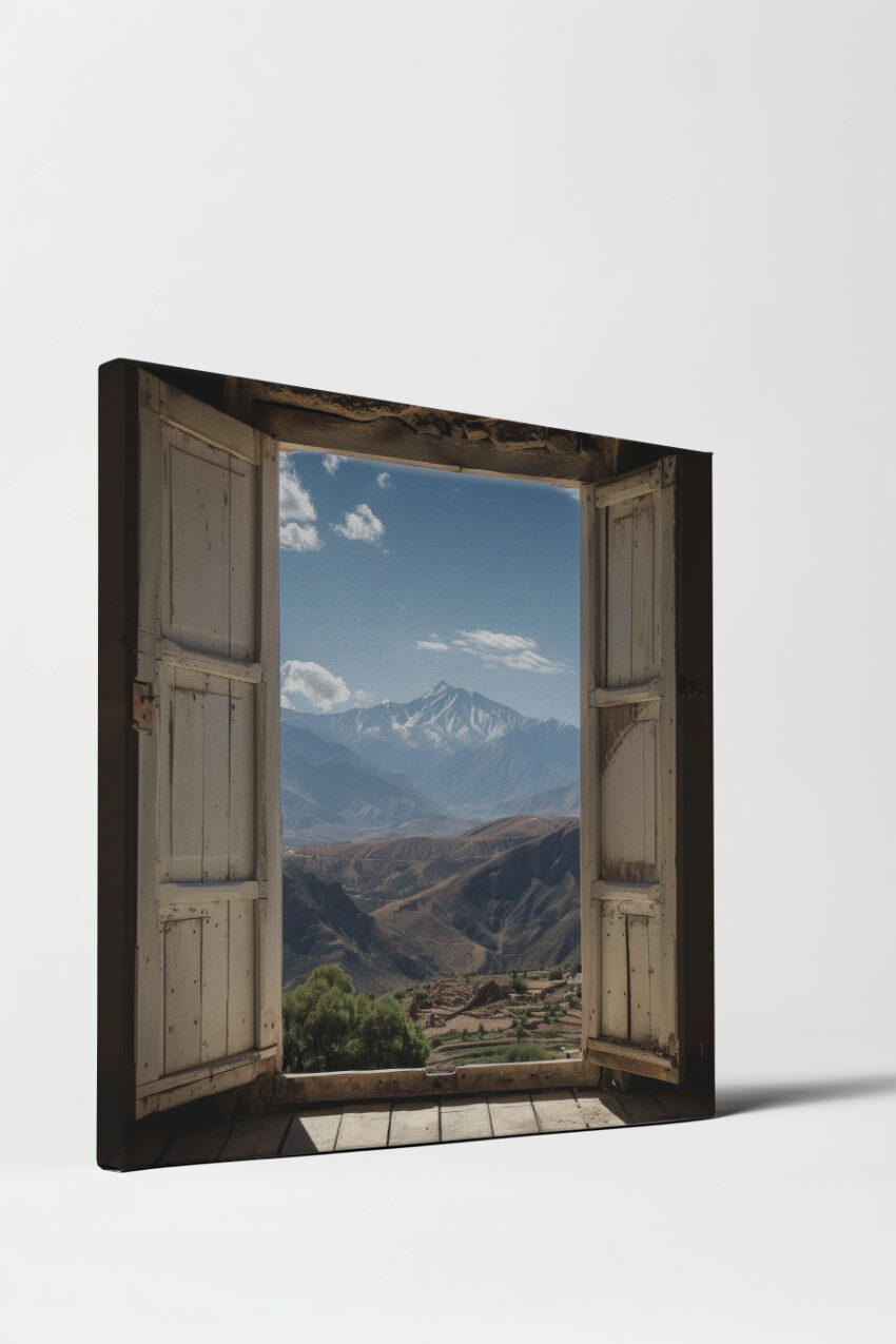 Fotografie Poster Bergblick Fenster altes Holz klarer Himmel