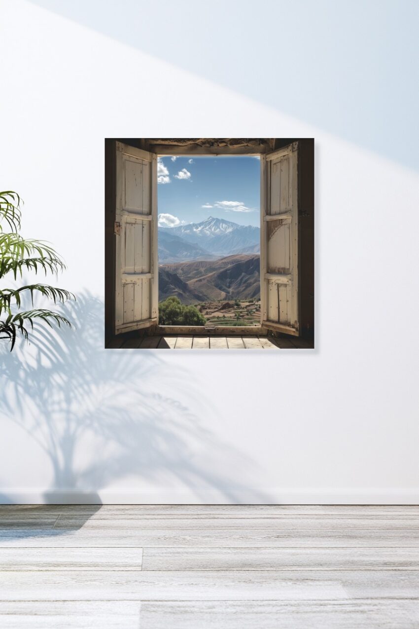 Fotografie Poster Bergblick Fenster altes Holz klarer Himmel