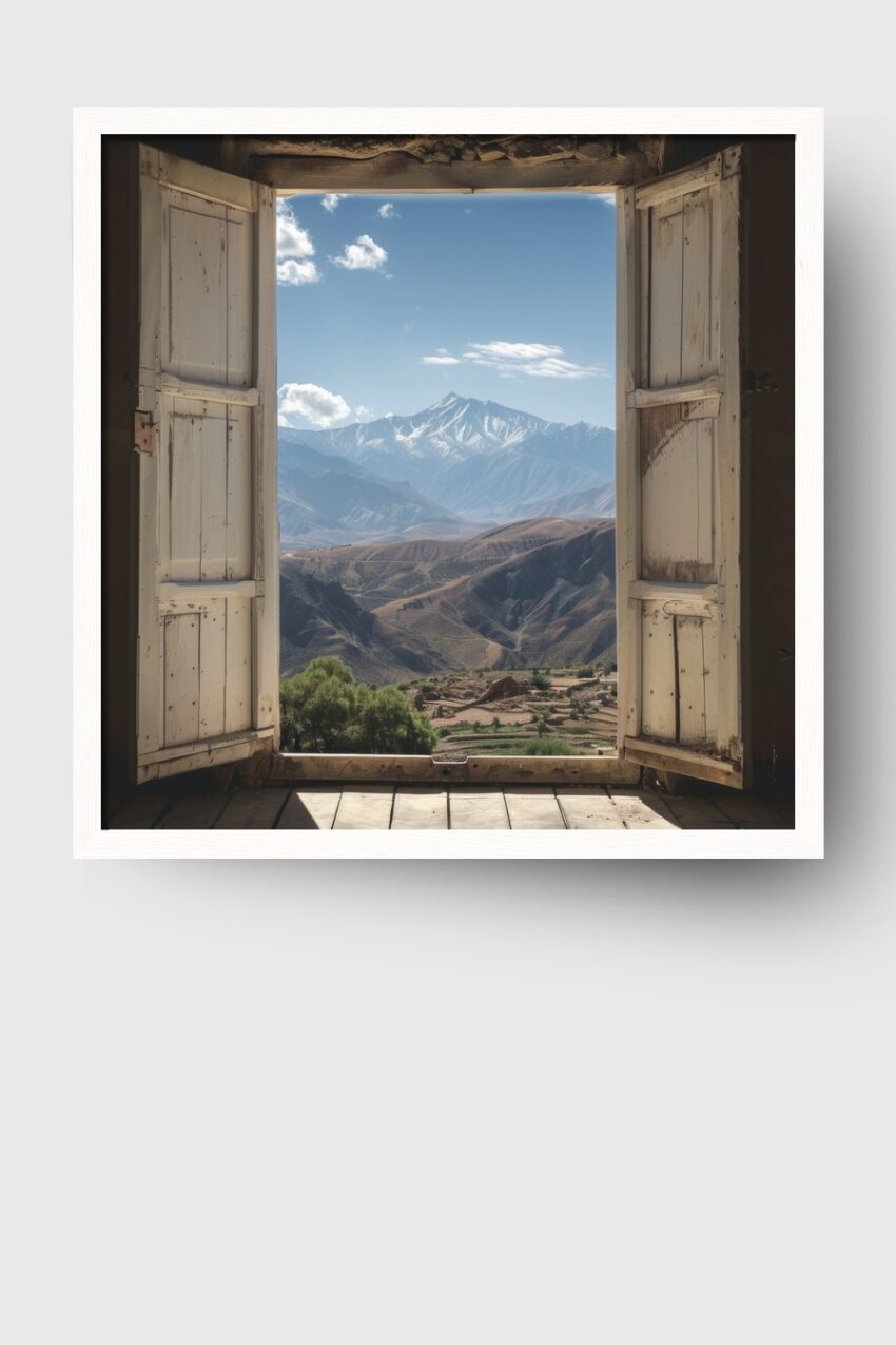 Fotografie Poster Bergblick Fenster altes Holz klarer Himmel