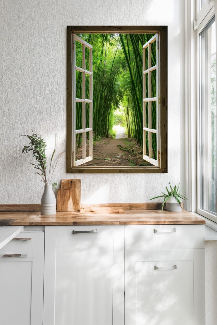 Fotografie Poster Bambuswald grüner Wald Pfad Fensterblick