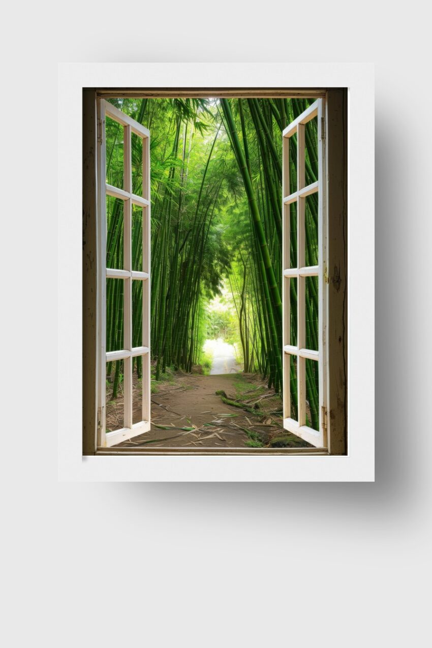 Fotografie Poster Bambuswald grüner Wald Pfad Fensterblick